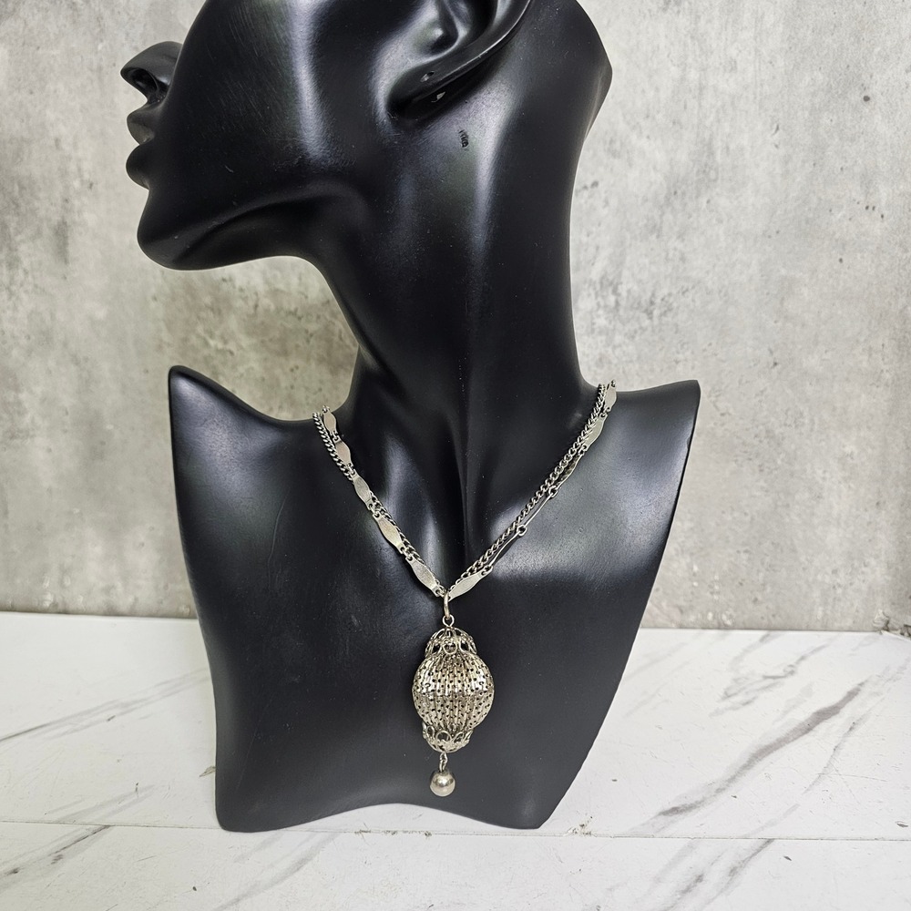 Vintage Silver Tone Double Strand Filigree Cage Pendant Necklace 21" Whimsygoth